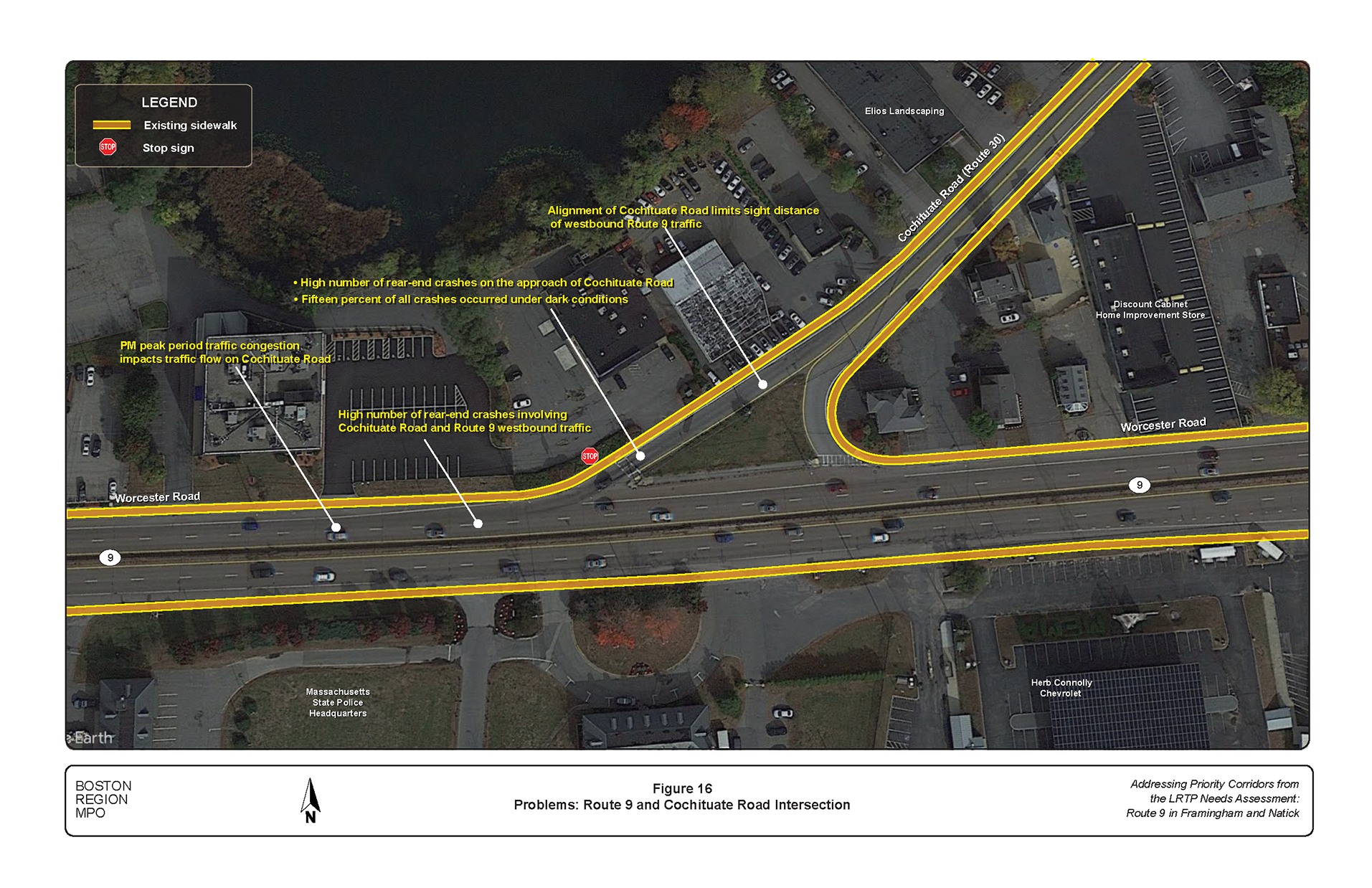 Figure 16 is an aerial photo showing the intersection of Route 9 and Cochituate Road and the problems